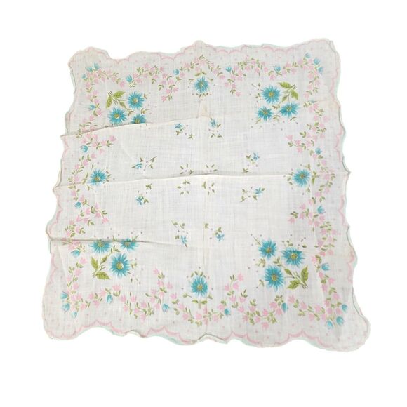 VTG HANKIE FLORAL PRINT SCALLOPED EDGE BLUE PINK FLOWERS WEDDING POCKET SCARF - Picture 1 of 4